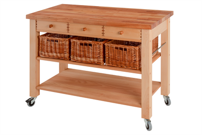 Eddingtons Cherry Walnut Block Top Three Drawer Wooden Trolley with Three Baskets 120cm (Deliv. up to 28-day)