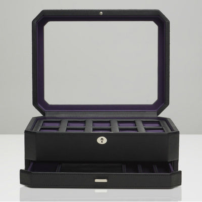 WOLF 458603 Windsor 10pc Watch Box with Accessory Drawer Black / Purple