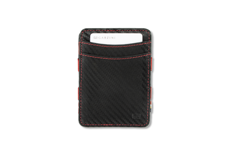 Front view with card of the Urban  Magic Wallet in Carbon-Red.