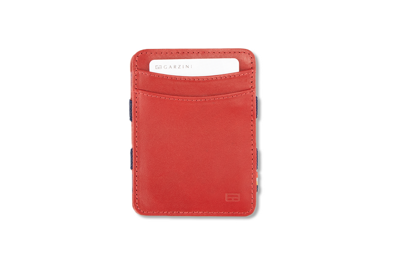 Front view with card of the Urban  Magic Wallet in Red-Blue.