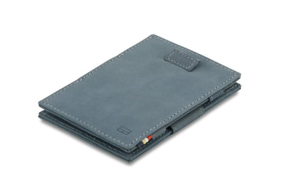 Front view of Cavare Magic Wallet Vintage in Sapphire Blue with pull tab.