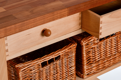 Eddingtons Cherry Walnut Block Top Two Drawer Wooden Trolley with Two Baskets 90cm (Deliv. up to 28-day)